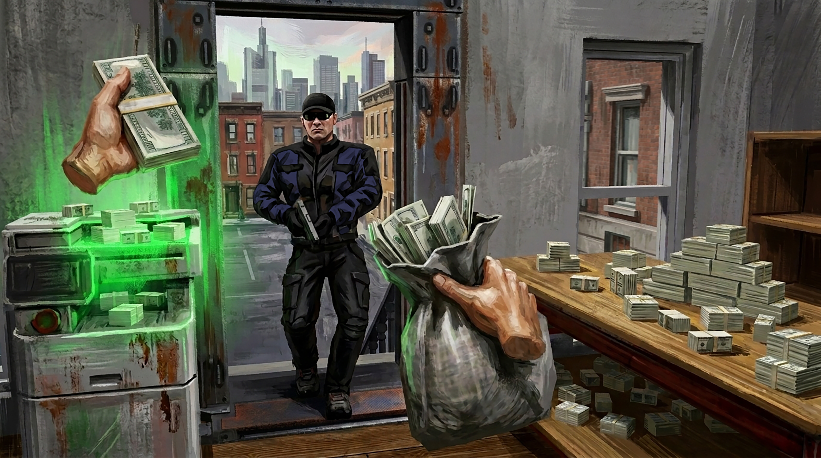 Inside a money-printing den: one hand lifts fresh hundreds off the printer, the other hauls a stuffed money bag, while an armed officer steps through the doorway