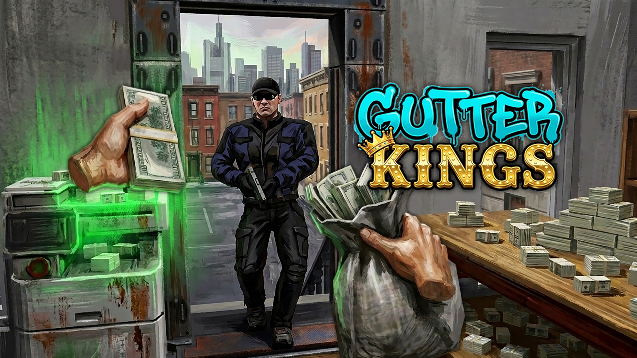 Landscape key art with the Gutter Kings logo over the money-printing den scene