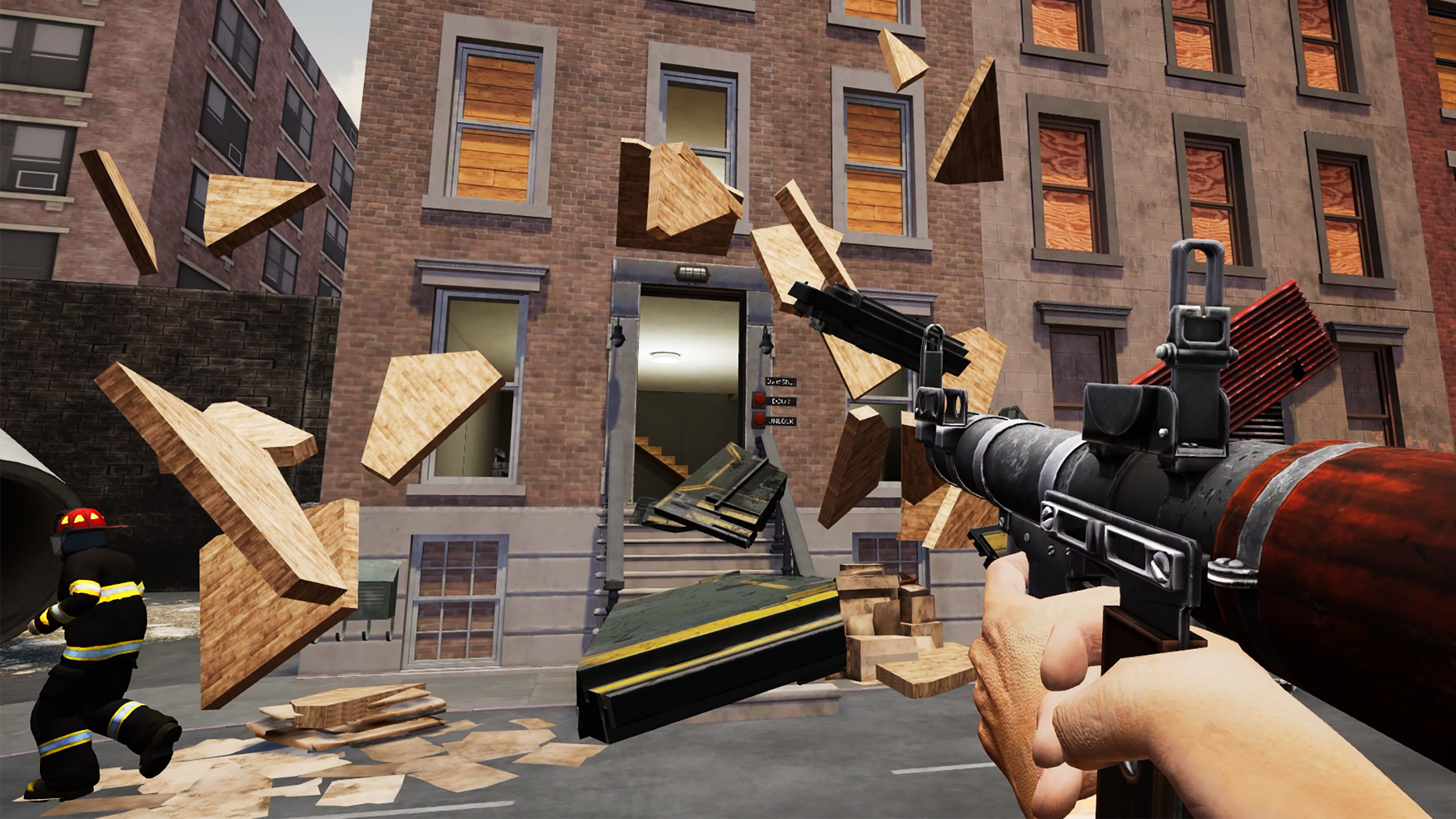Sighting down a rocket launcher as a brownstone door blows into splinters