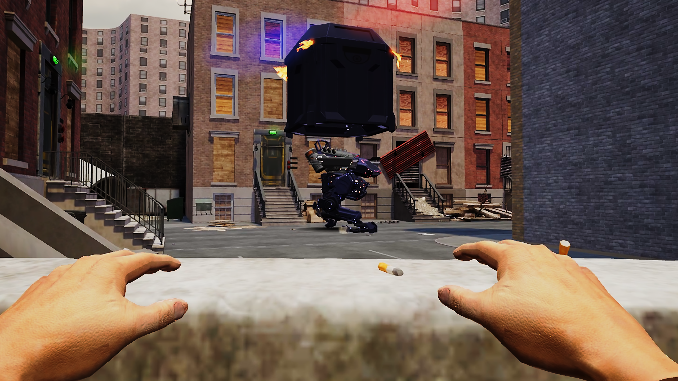 A Police Drop Pod lifts back into the sky, leaving a Protection Mech on the street, watched from behind a rooftop ledge