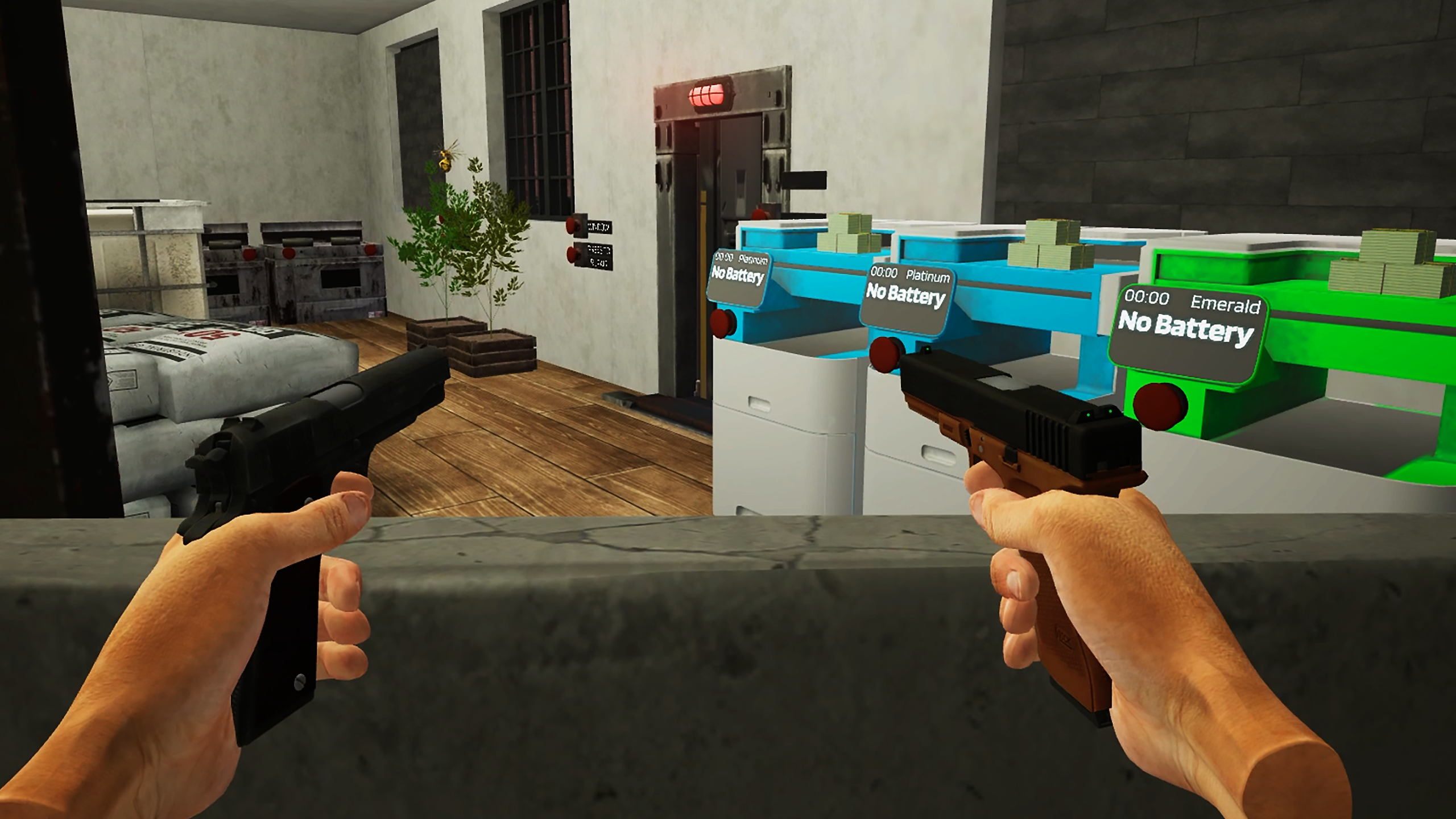 Two pistols drawn over a counter lined with money printers
