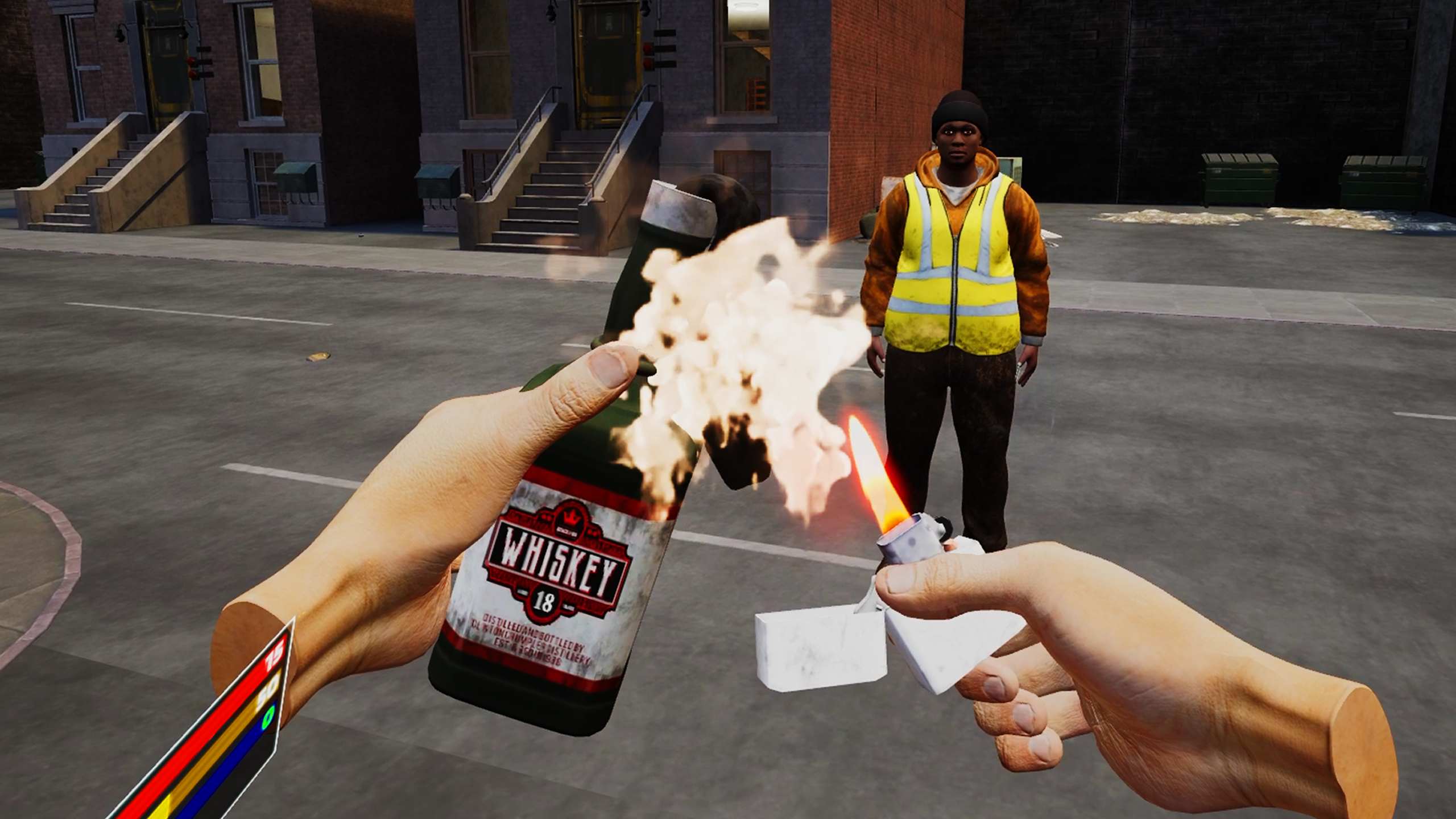 Lighting a whiskey-bottle molotov with a flip lighter while a bystander in a hi-vis vest looks on