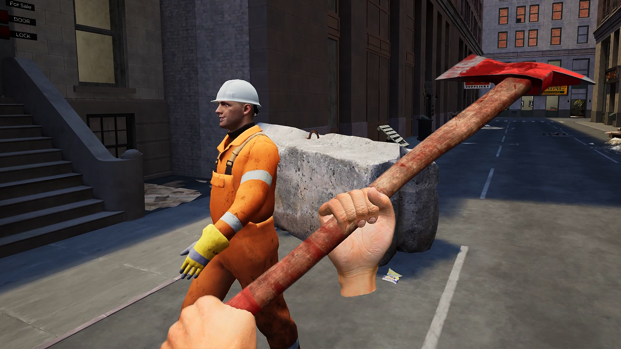 Carrying a well-used fire axe down a main street while a construction worker walks past hauling a concrete block