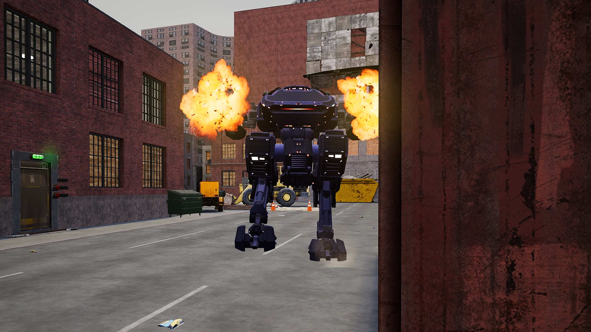 A Protection Mech strides up a narrow street, both arm cannons flashing