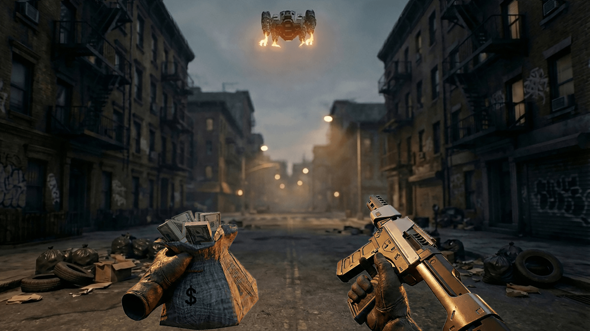 A trash-strewn city street: one hand holds a money bag, the other a gold pistol; a drone hovers overhead